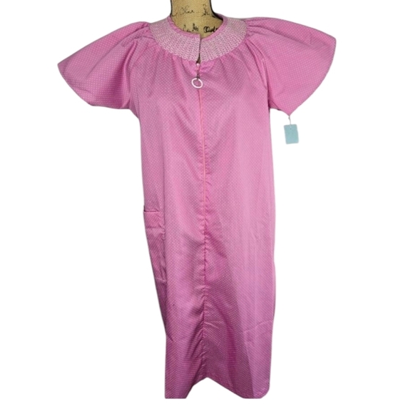 Deadstock Vintage 70s Pink Polka Dot Barbiecore Girly Night Gown House Dress - Picture 1 of 16